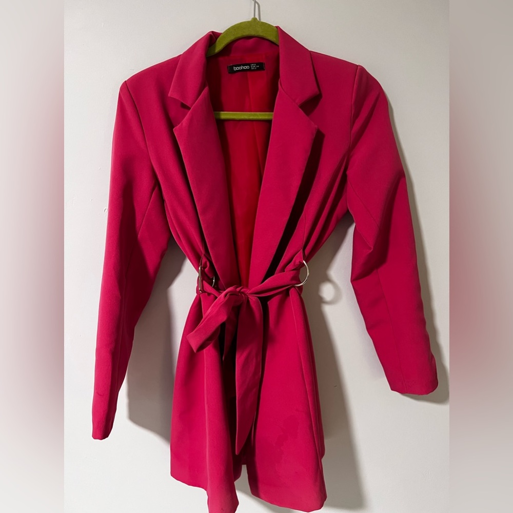 Bright pink blazer dress with tie belt
